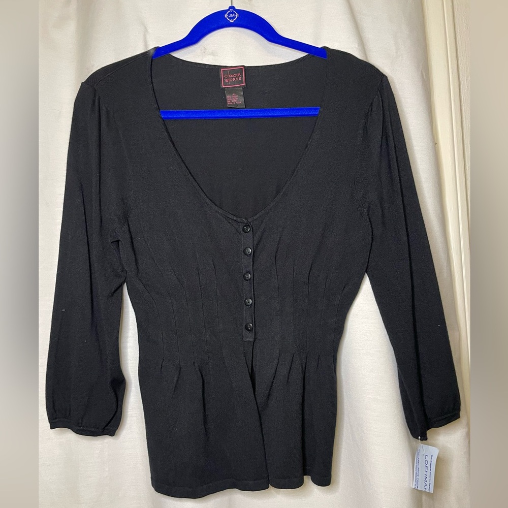 NWT Colour Works Black Fitted Buttoned Scoop Neck Cardigan Size PL